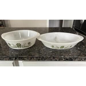 Vintage Glasbake - Green Floral Pattern J2363 AND J514! USA - no lids